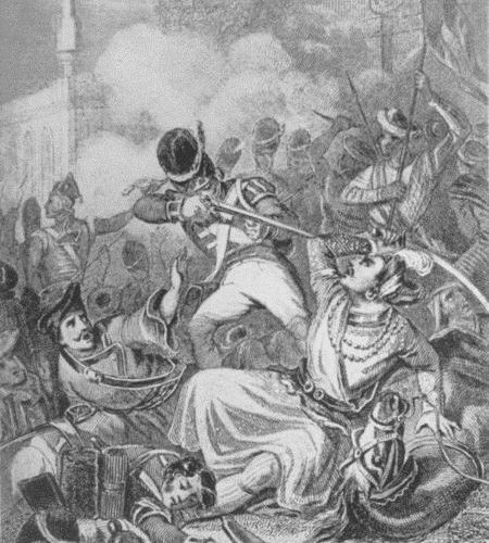 The death of Tippo-Sahib at the storming of Seringapatam.

From a painting by R. de Moraine.