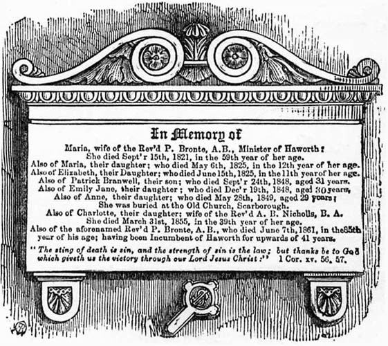 A plaque in memory or Rev. Brontë's deceased wife and
children.