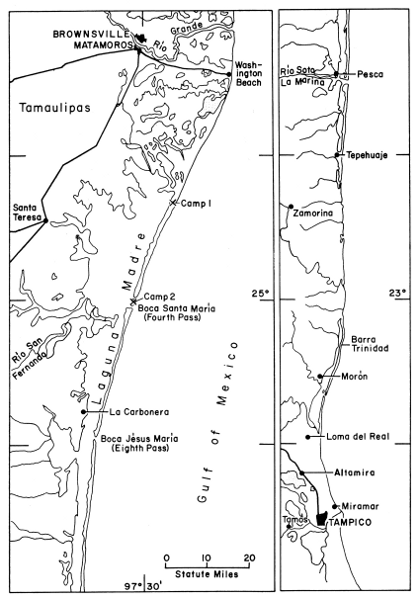 Map of coastal Tamaulipas, showing the barrier island and localities mentioned
in text. Stippled areas are extensively marshy.