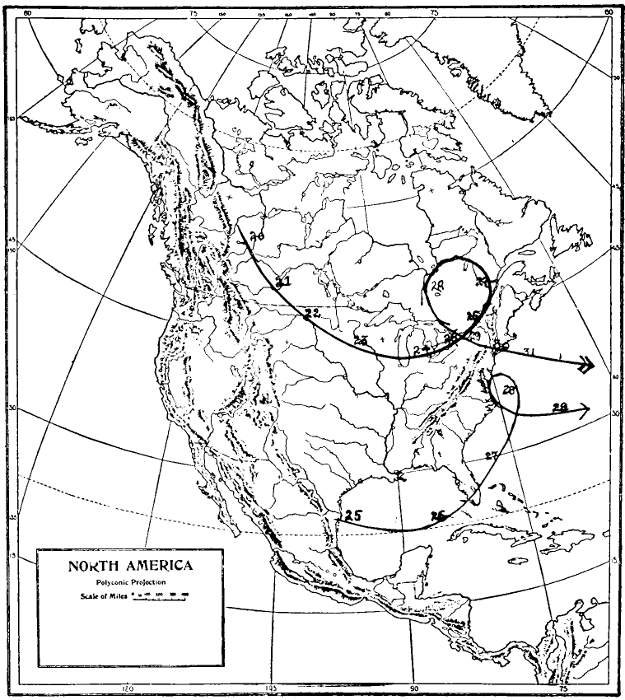 Fig. 10. Paths of High and Low, Great Snow Storm of January 27-28, 1922