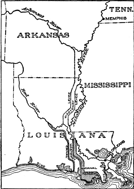 Map of Louisiana, showing the Great Controlled Outlet at Old
River and the Atchafalaya Wasteway, Auxiliary Flood Water Channels and
Canals; and showing also the Spillways and Controlled Wasteways from the
Mississippi River to Lake Pontchartrain and Lake Borgne, and the Great Gulf
Coast Dike.