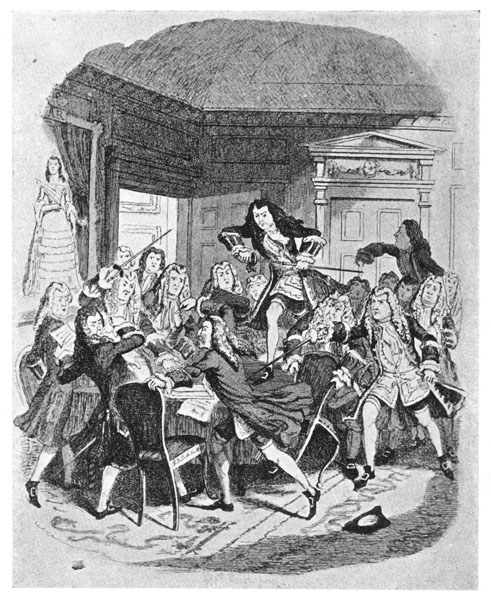 THE MARQUIS DE GUISCARD ATTEMPTING TO
ASSASSINATE HARLEY. The man on the table drawing
his sword is the Duke of Newcastle ("Saint James's").
From "Ainsworth's Magazine," 1844.