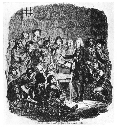 THE VICAR OF WAKEFIELD PREACHING TO THE
PRISONERS. From "Illustrations of Popular Works," 1830.
