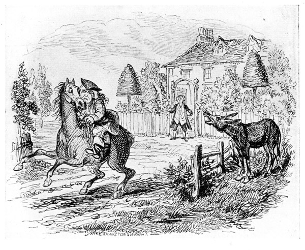 "while he spake a braying ass
Did sing most loud and clear.—William Cowper.


From "The Diverting History of John Gilpin," 1828.
An earlier design by Cruikshank for "John Gilpin"
is in "The Humourist," vol. iii. (1819). 1836 is the
date borne by a new edition of W. A. Nield's very
monotonous musical setting of John Gilpin, "illustrated
by Cruikshank" (presumably Robert).