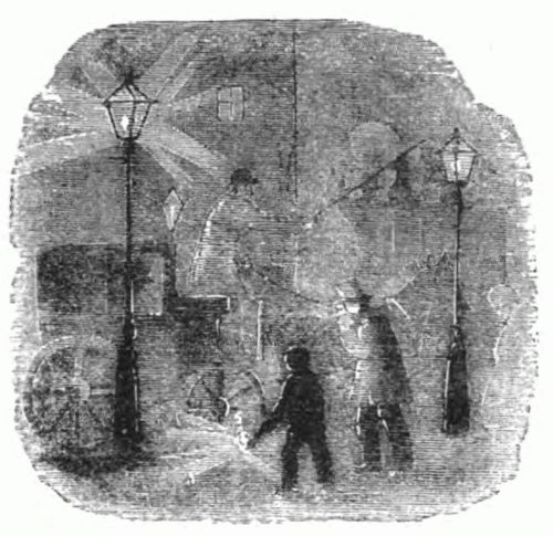Street lamps and people in a fog
