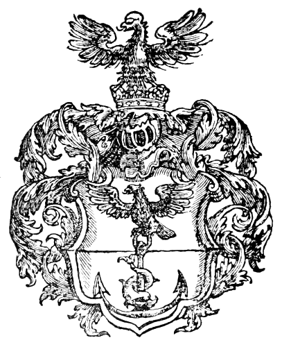 The Aldine Anchor, enclosed in a coat-of-arms, as used by Aldus
Junior, 1575-1581. On some occasions, and always after
the latter date, he used the anchor alone, sometimes
without the word ALDVS.
