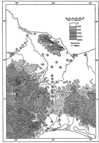 Fig. 1. Map of the Isthmus of Tehuantepec based on the
American Geographical Society's Map of Hispanic America on the Scale
of 1:1,000,000.

The localities shown are numbered in the gazetteer; the numerical
sequence of localities is an arrangement whereby north takes precedence
over south and west over east. 1. Alvarado. 2. Lerdo de Tejada. 3.
Tlacotalpan. 4. Tula. 5. Tecolapan. 6. Amatitln. 7. Cosamaloapan. 8.
Chacaltianguis. 9. Novillero. 10. Ciudad Alemn. 11. Papaloapan. 12.
Tuxtepec. 13. Cuatotolapam. 14. Hueyapan. 15. Berta. 16. Coatzacoalcos.
17. Ayentes. 18. Ro de las Playas. 19. Cosoleacaque. 20. Minatitln.
21. Acayucan. 22. Aquilera. 23. San Lorenzo. 24. Naranja. 25. Suchil.
26. Jess Carranza. 27. La Oaxaquea. 28. Ubero. 29. Donaj. 30.
Tolosita. 31. El Modelo. 32. Sarabia, 33. Guichicovi. 34. La Princesa.
35. Santa Mara Chimalapa. 36. Matas Romero. 37. Santo Domingo Petapa.
38. El Barrio. 39. Palmar. 40. Chivela. 41. Santiago Chivela. 42.
Nizanda. 43. Agua Caliente. 44. Portillo Los Nanches. 45. Ixtepec. 46.
La Ventosa. 47. Zanatepec. 48. Unin Hidalgo. 49. Tres Cruces. 50.
Juchitn. 51. Escurano. 52. Salazar. 53. Santa Efigenia. 54.
Tequisistln. 55. Cerro de Quiengola. 56. San Pablo. 57. Mixtequilla.
58. Tapanatepec. 59. Zarzamora. 60. Limn. 61. Tehuantepec. 62.
Bisilana. 63. Santa Luca. 64. Cerro de Arenal. 65. Cerro de San Pedro.
66. La Concepcin. 67. Tenango. 68. San Antonio. 69. Huilotepec. 70.
Salina Cruz.