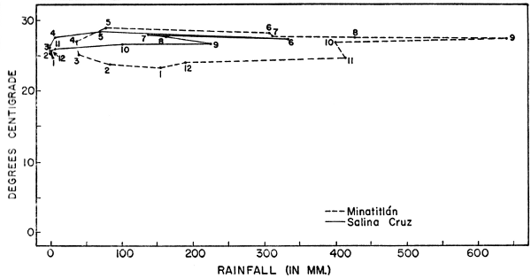 Fig. 3. Climatographs for Minatitln, Veracruz, and
Salina Cruz, Oaxaca, based on data given by Contreras (1942). Plotted
points are for mean monthly temperatures and rainfall; months are
indicated by numbers.