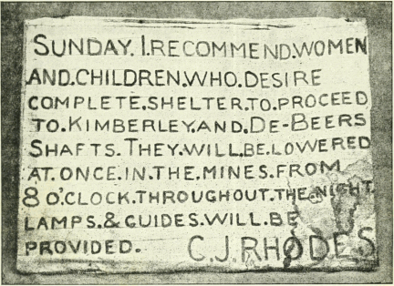 Placard Erected by Mr. Rhodes. Photo by F. H. Hancox, Kimberley.