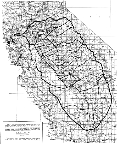 Map 1. This map covers the entire area under discussion,
extending from the Cosumnes River to the Tehachapi. The
smaller divisions, denoted by numbers and letters, represent
the habitat areas considered in detail in the text. The succeeding
maps, drawn to larger scale, show these same areas with
the tribal divisions entered as far as possible.

To accompany Cook, "Aboriginal Population of San Joaquin
Valley," Univ. of Calif. Publ., Anthro. Rec. Vol. 16, No. 2.