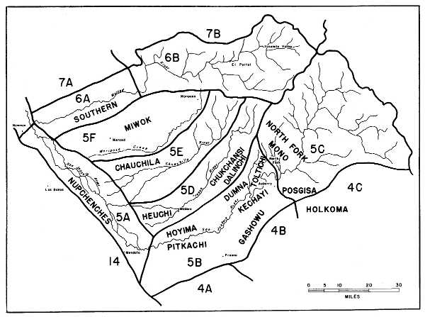 Map 4. Habitat areas 5A-6B: the Yokuts, part of the Mono, and the Southern Miwok.