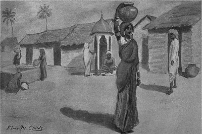 Village scene with woman carrying water vase on head