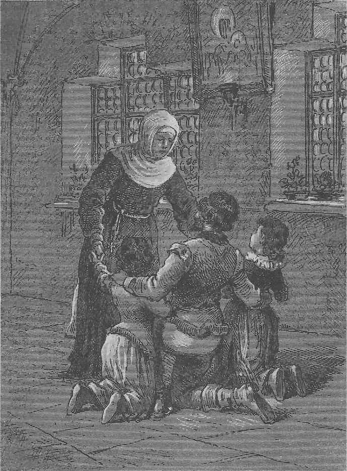 Kuonrad und seine Töchter knien vor Elsbeth