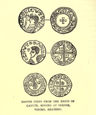 DANISH COINS FROM THE REIGN OF CANUTE, MINTED AT ODENSE,
VIBORG, HEATHBY.