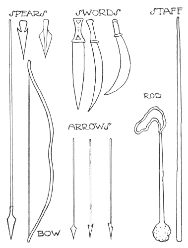 Fig. 13.—SPEARS, SWORDS, STAFF,
ROD, ARROWS, BOW