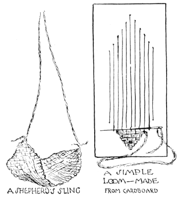 Fig. 14.—A SHEPHERD'S SLING,
A SIMPLE LOOM—MADE FROM CARDBOARD