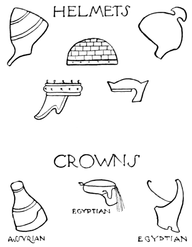 Fig. 22.—HELMETS, CROWNS,
ASSYRIAN, EGYPTIAN, EGYPTIAN
