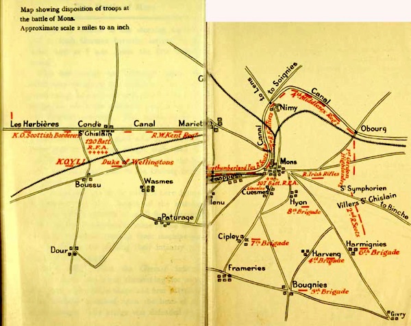 Map showing disposition of troops at the battle of Mons.