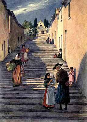 Street scene showing people on staircase