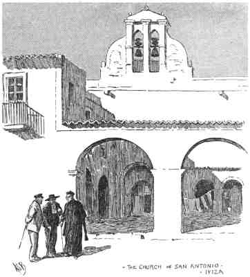 Three men talking outside a churched with large arched entrances