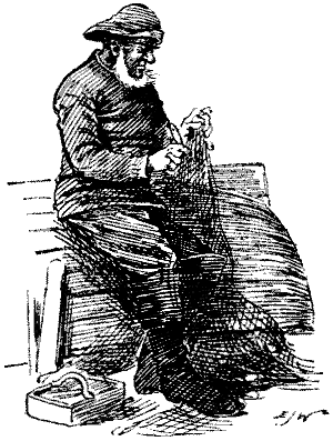 An old fisherman mending his nets