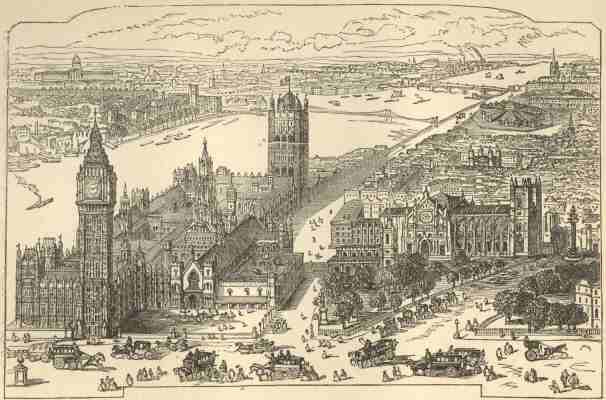 Houses of Parliament, Westminster Abbey, Westminster Hall,
Crimean and Canning Monuments.  Penitentiary, Vauxhall Bridge,
Lambeth Suspension Bridge, Lambeth Place, and Bethlehem Hospital
in the distance