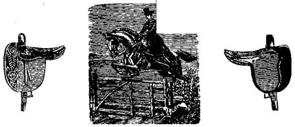 Two saddles and a drawing of a woman riding side saddle on a horse