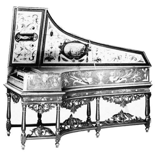11. Italian harpsichord (1693): Full view of instrument in outer case.