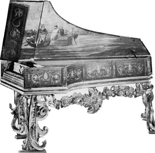 15. DeQuoco harpsichord: Full view of instrument in outer case.