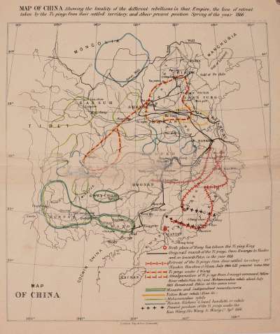MAP OF CHINA Showing the locality of the different
rebellions in that Empire, the line of retreat taken by the Ti-pings
from their settled territory, and their present position Spring of the
year 1866.
