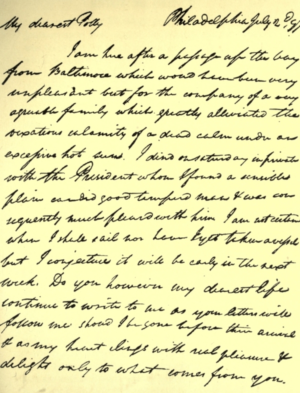 FIRST PAGE OF A LETTER FROM JOHN MARSHALL TO HIS WIFE