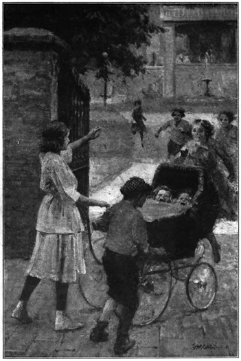 A twin baby carriage containing weary infants, propelled by a perspiring young person, was coming in the gate