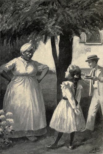 Cook with arms on hips, glaring at little girl who has hands behind back. Off to the right is a boy, smiling.