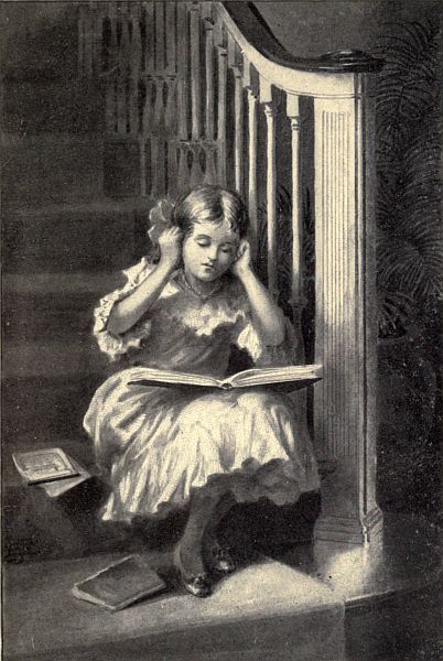 Girl seated on stairs holding ears with a book in her lap