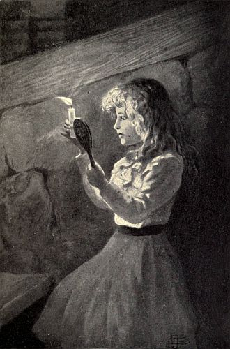 girl walking in dark with candle and mirror in her hands