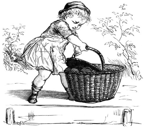 Albert trying to lift basket of apples