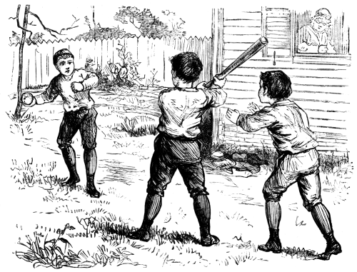 Boys playing baseball while older woman looks out of her window