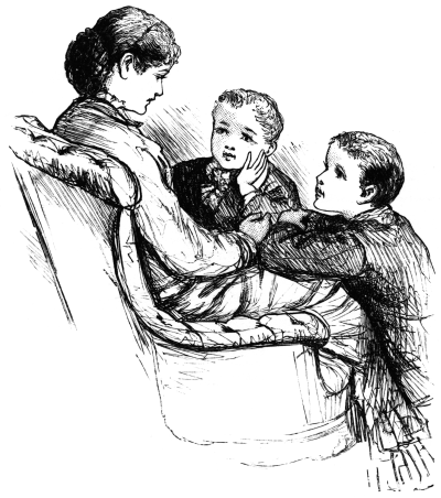 seated mother with two sons on floor at her feet