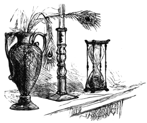 Vase with a peacock feathers drooping out, candlestick and hourglass on a mantle
