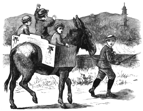 Children riding on a mule in a box