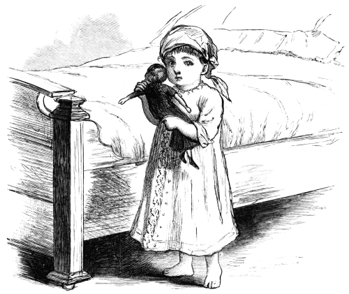 Litlle girl in nightgown holding dolly by her bed