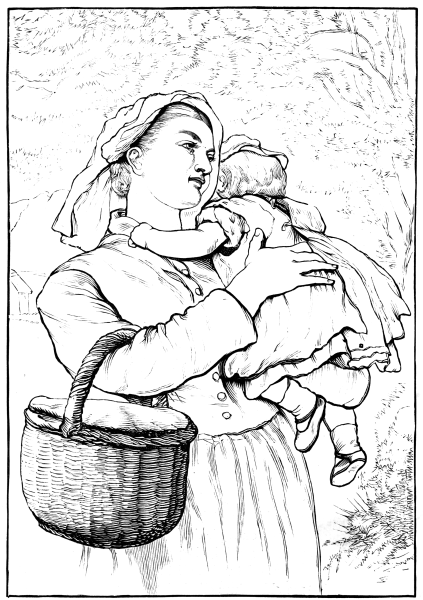 Mother holidng baby on shoulder with a basket under her arm