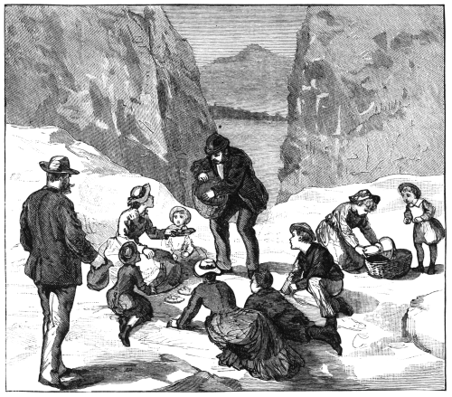 group of people having a picnic on a rock