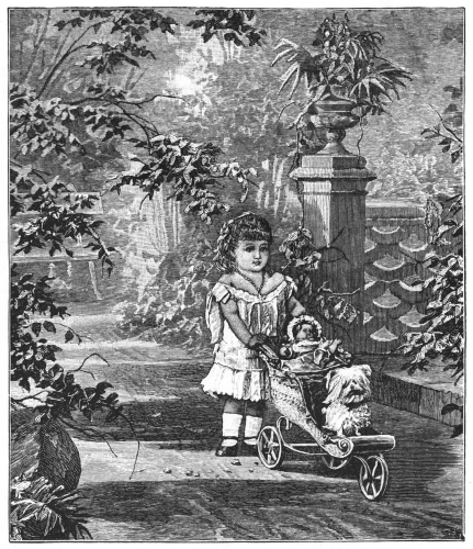 Girl with doll and dog in carriage