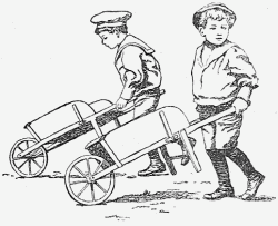 Two boys pushing wheelbarrows