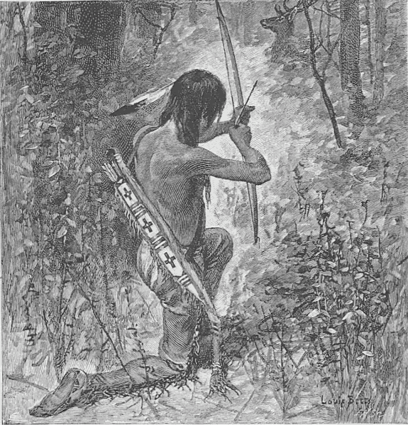 Hiawatha aiming an arrow at a deer