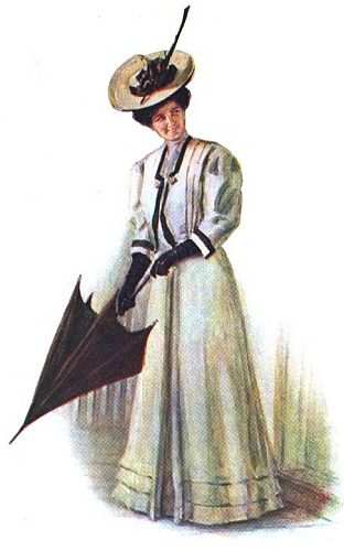 Womanin white dress with black trim carrying a black umbrella. Also wearing a straw hat with long feather