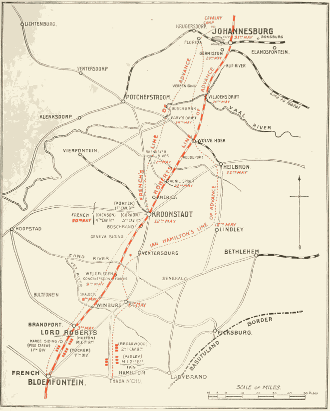 MAP SHOWING THE LINES
OF ADVANCE FROM BLOEMFONTEIN TO PRETORIA.