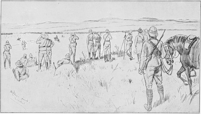 Lord Roberts and his Staff Watching the Boers’ Retreat from Zand River; General French in Pursuit
on the Extreme Left.