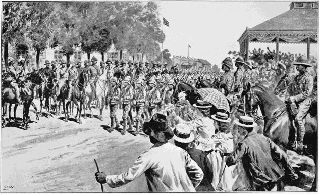 THE SURRENDER OF KROONSTADT: TROOPS MARCHING PAST LORD ROBERTS AND STAFF